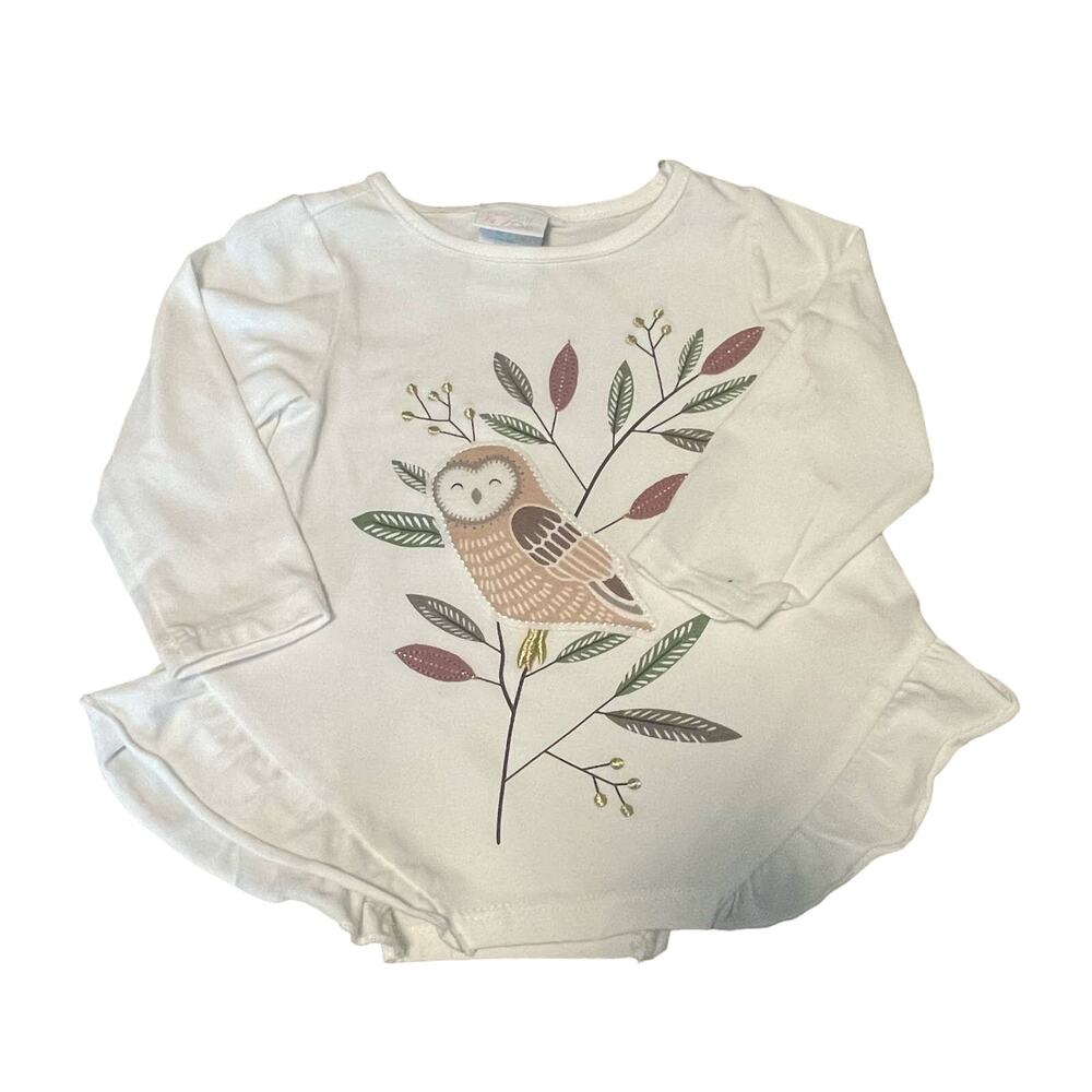 Maggie & Zoe White Owl and Flower Embellished Long Sleeve Tee 12M